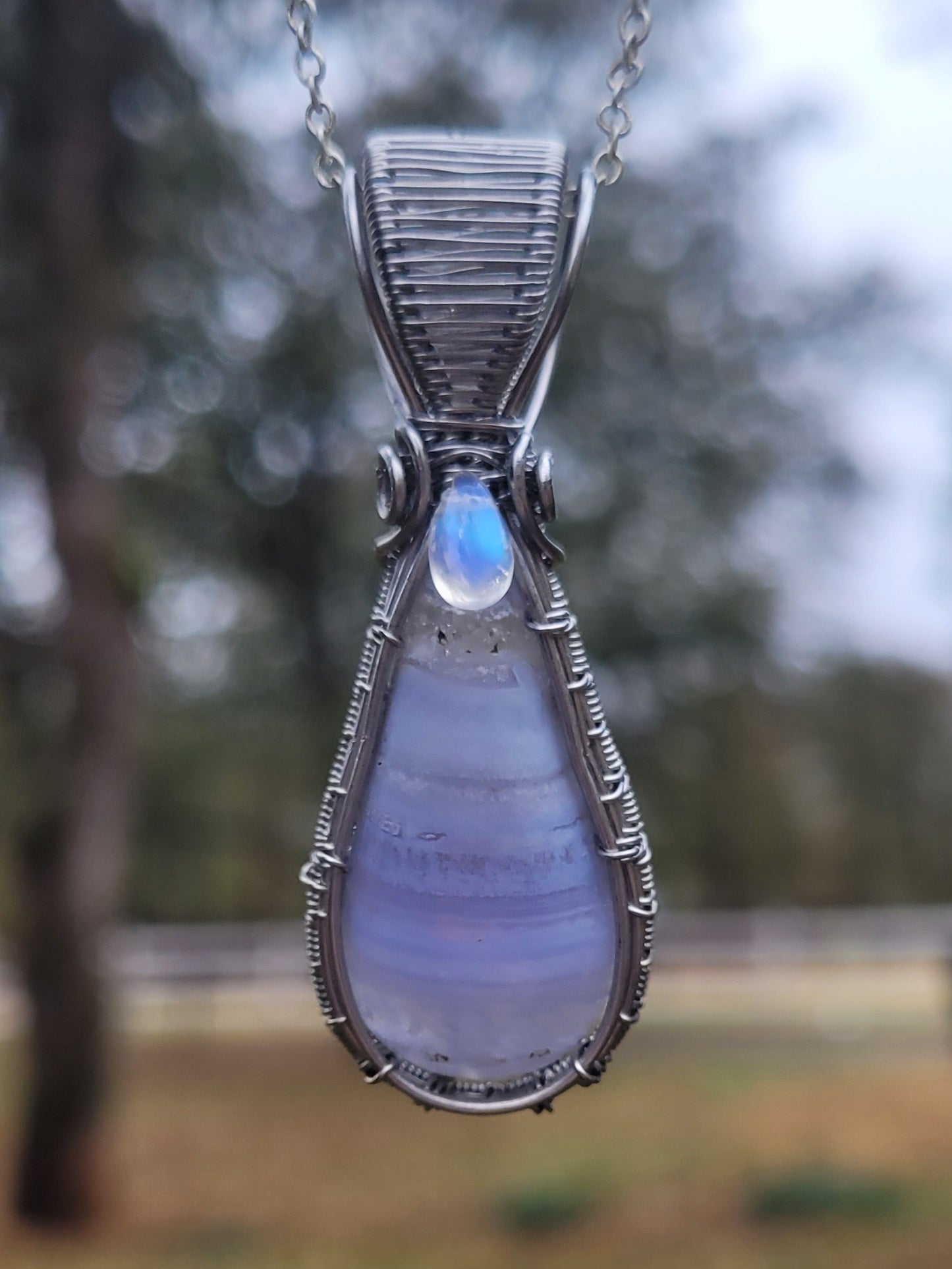 Blue Lace Agate + Moonstone Wire Wrapped Pendant