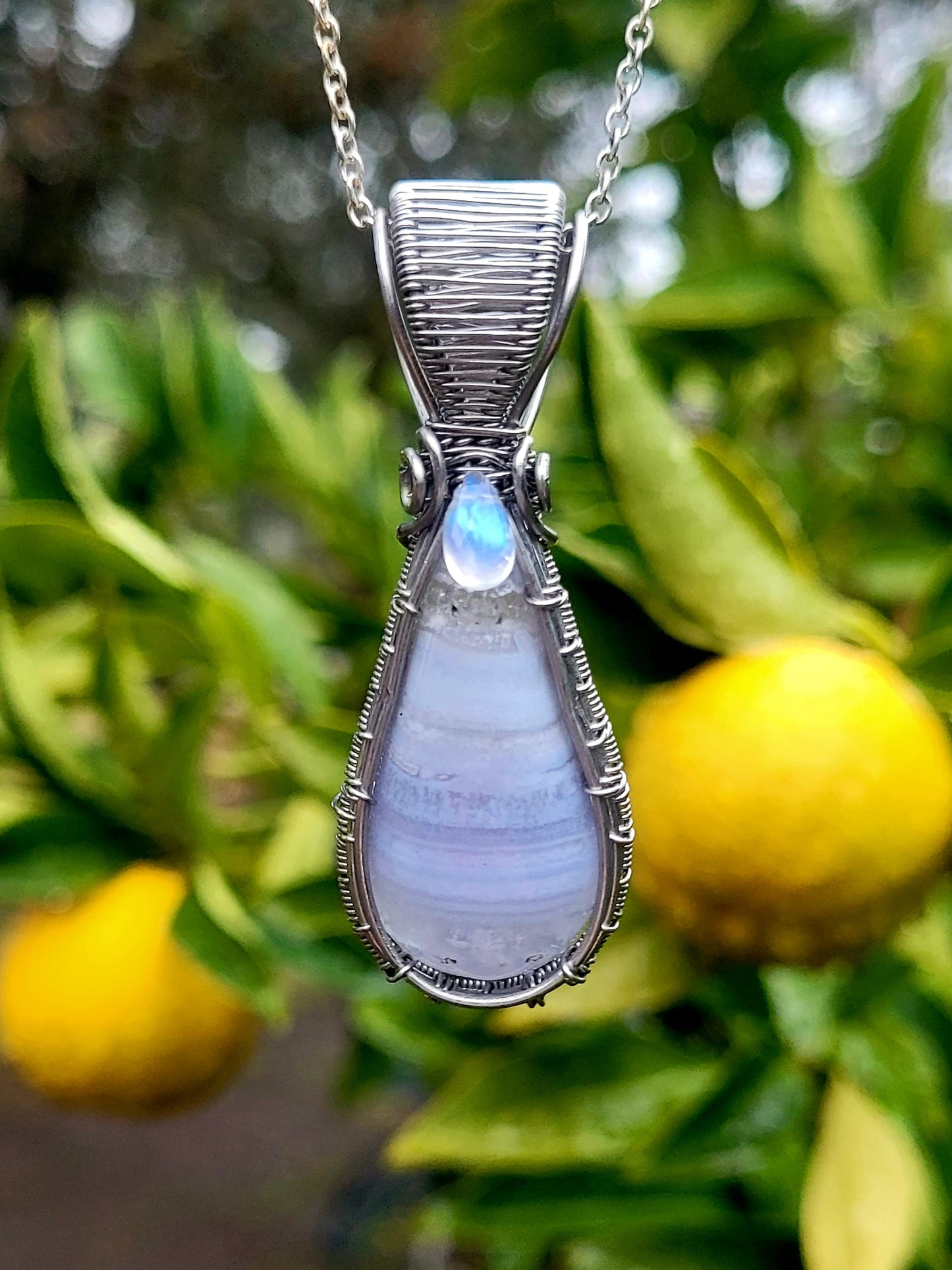 Blue Lace Agate + Moonstone Wire Wrapped Pendant