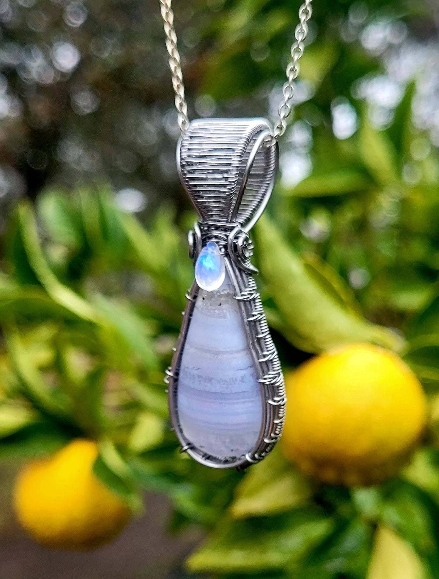 Blue Lace Agate + Moonstone Wire Wrapped Pendant