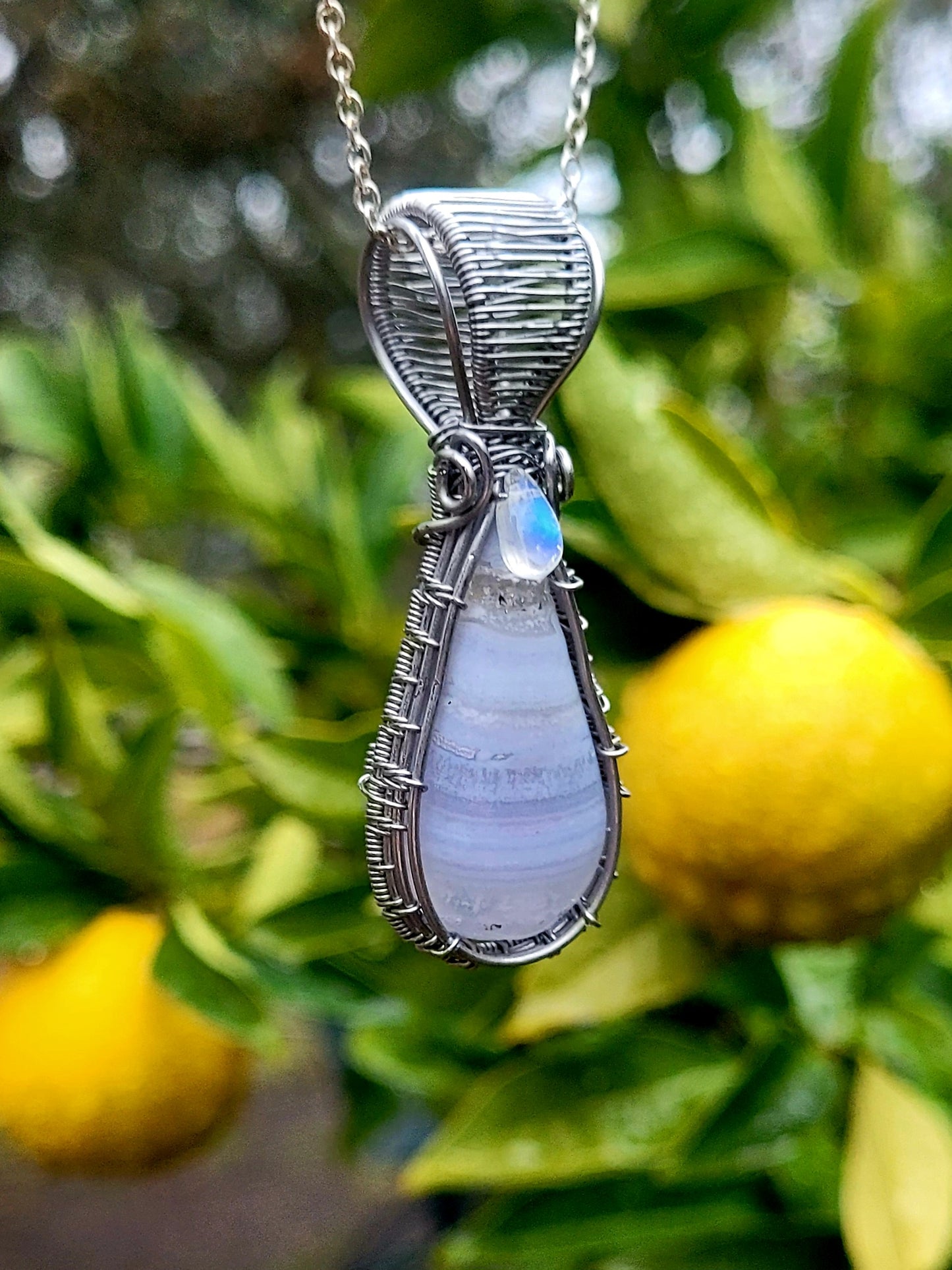 Blue Lace Agate + Moonstone Wire Wrapped Pendant