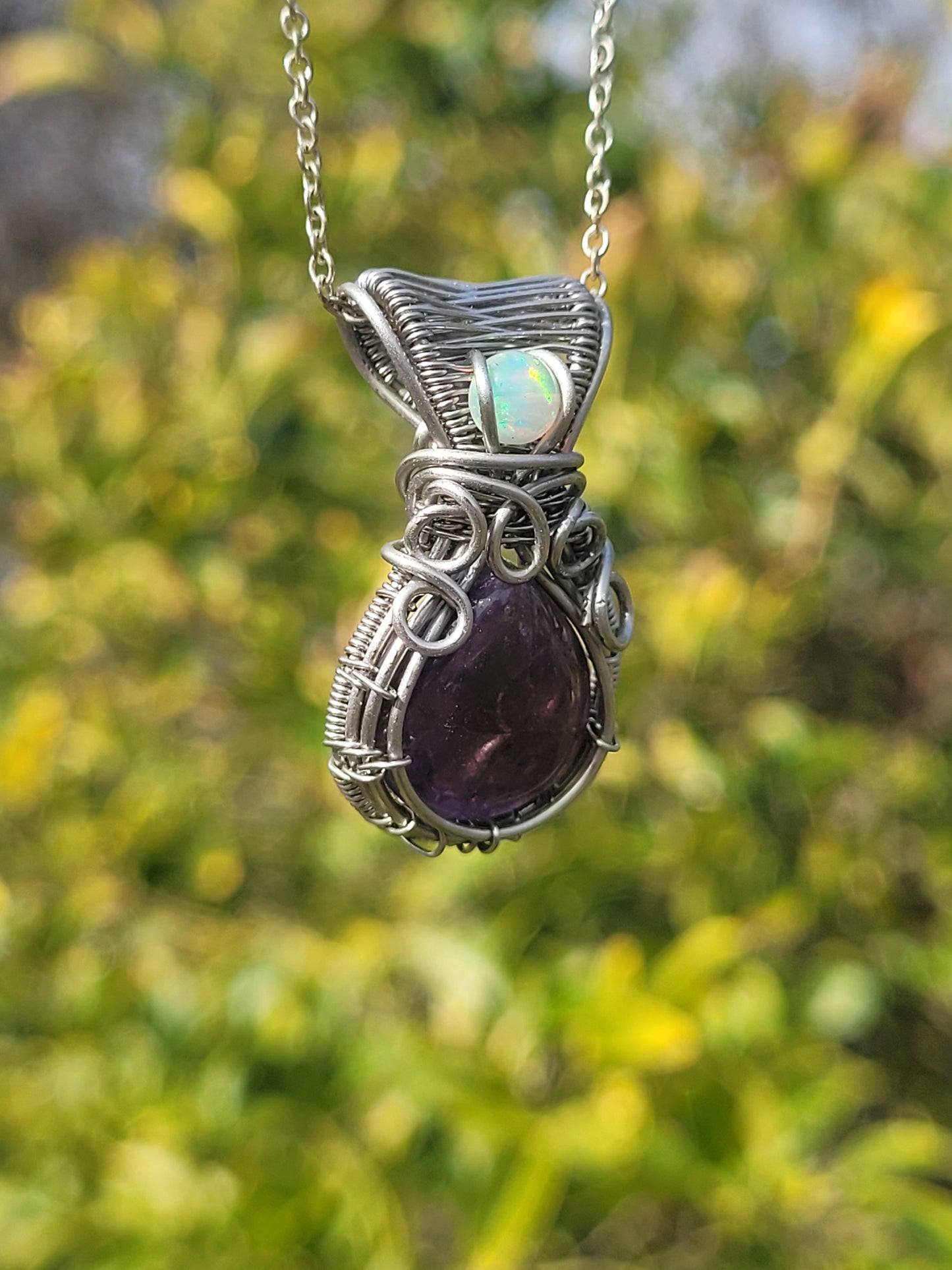 Amethyst + Opal Wire Wrapped Pendant