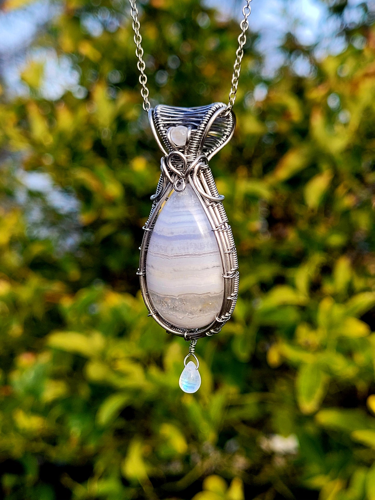 Blue Lace Agate + Moonstone Wire Wrapped Pendant