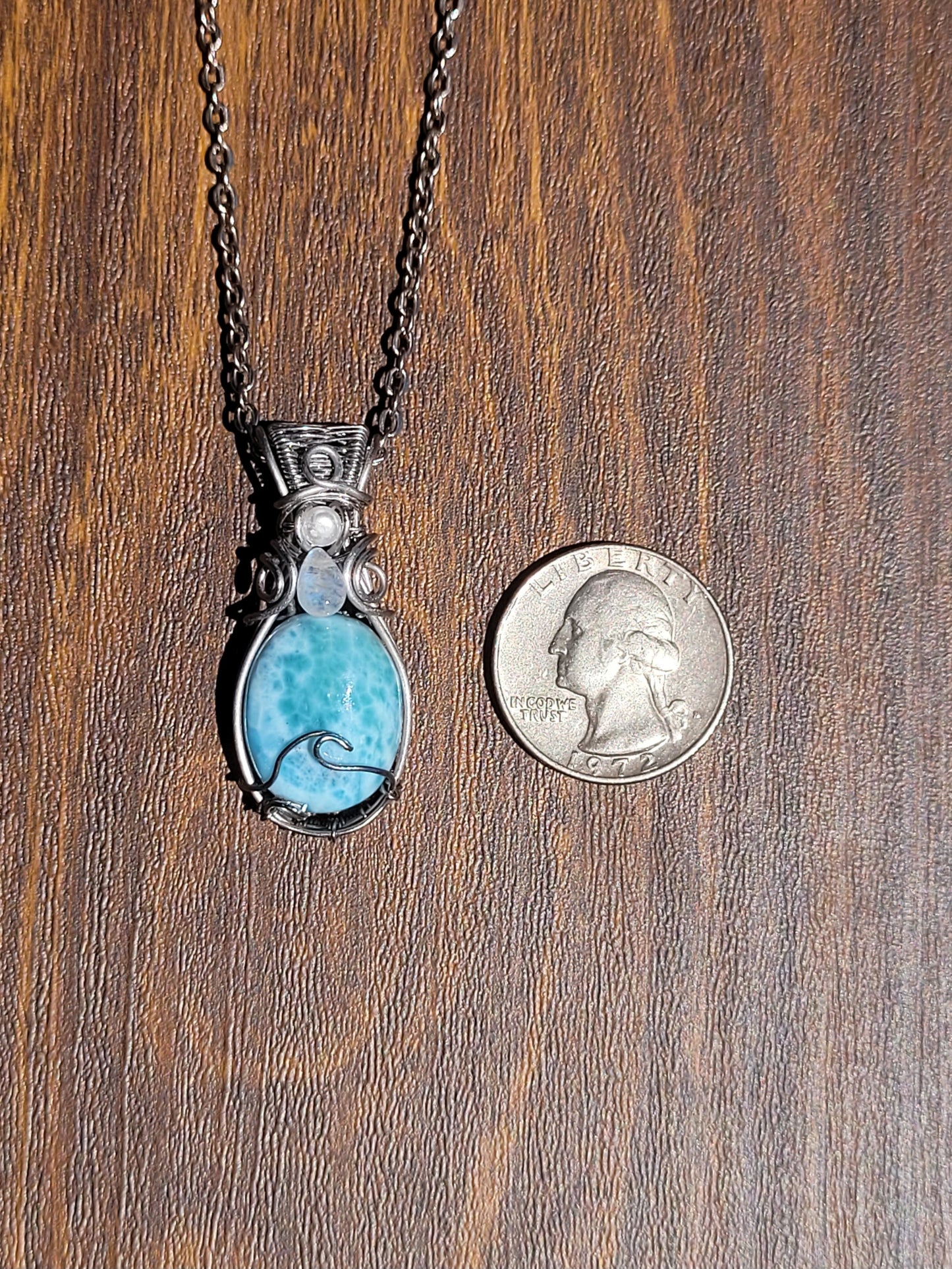 Larimar, Moonstone, Pearl Wire Wrapped Pendant