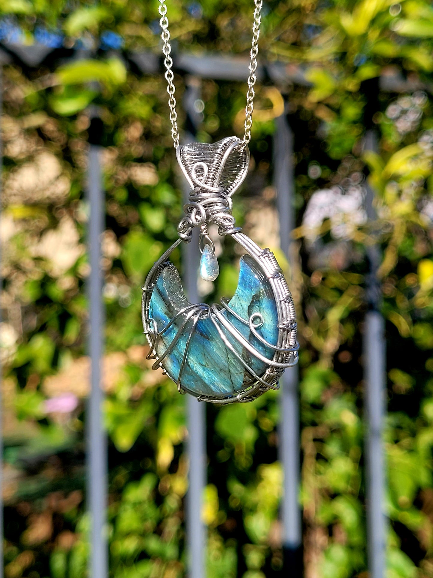 Labradorite Moon Wire Wrapped Pendant