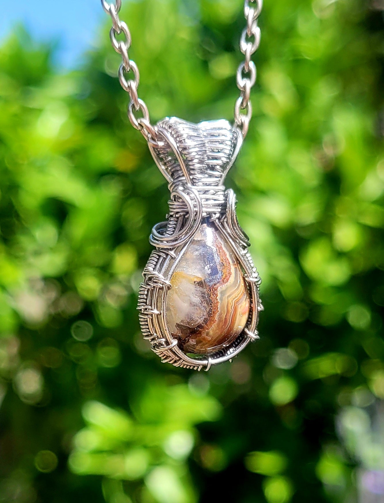 Dainty Crazy Lace Agate Wire Wrapped Pendant