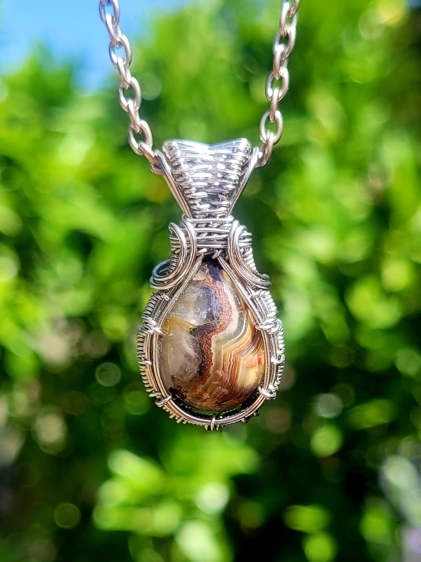 Dainty Crazy Lace Agate Wire Wrapped Pendant