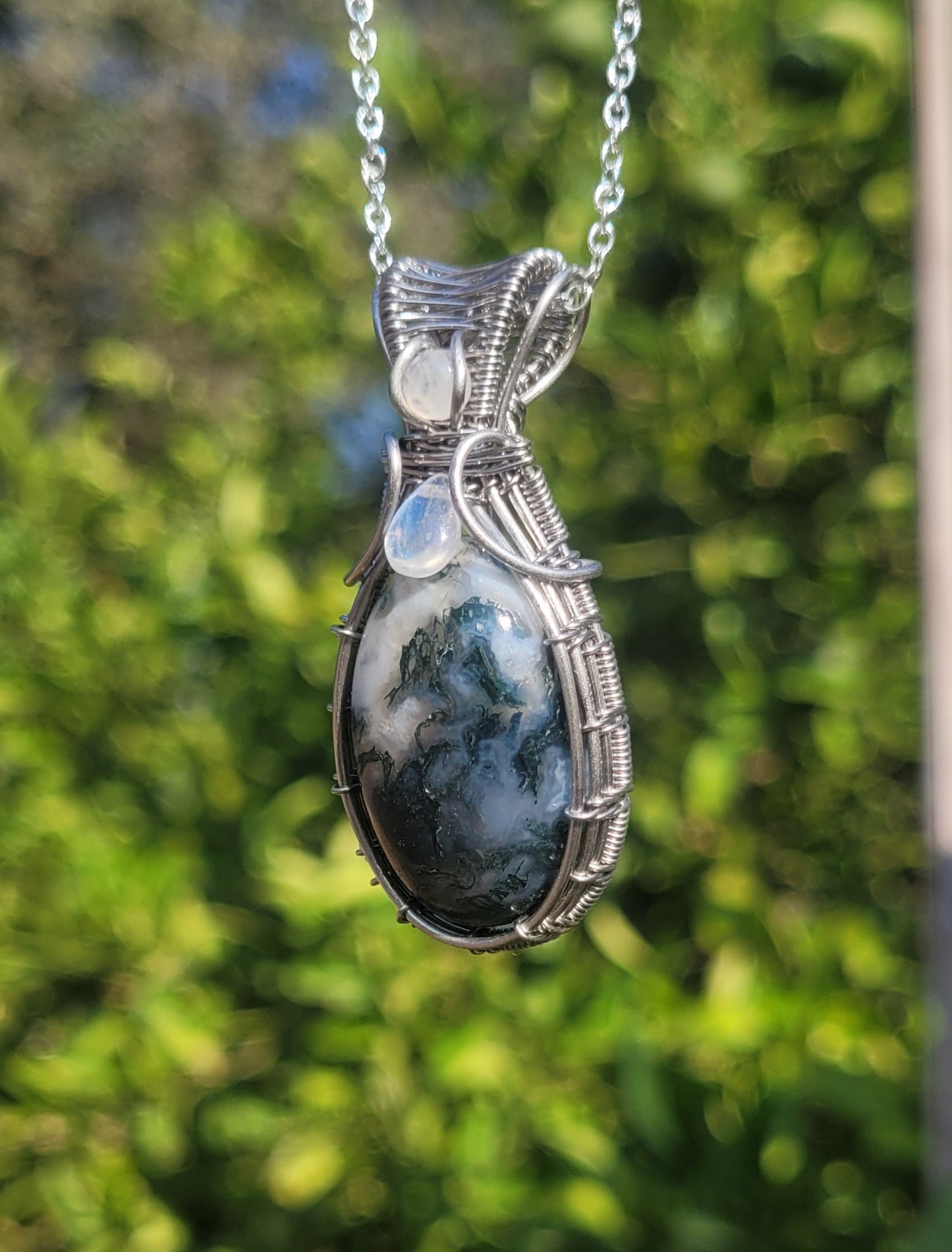 Moss Agate + Moonstone Accents Wire Wrapped Pendant