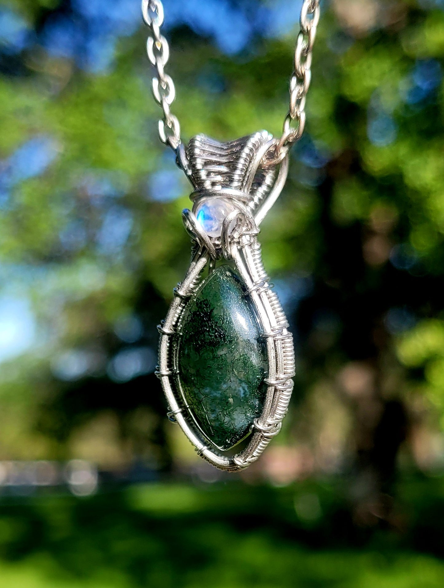 Moss Agate + Moonstone Wire Wrapped Pendants