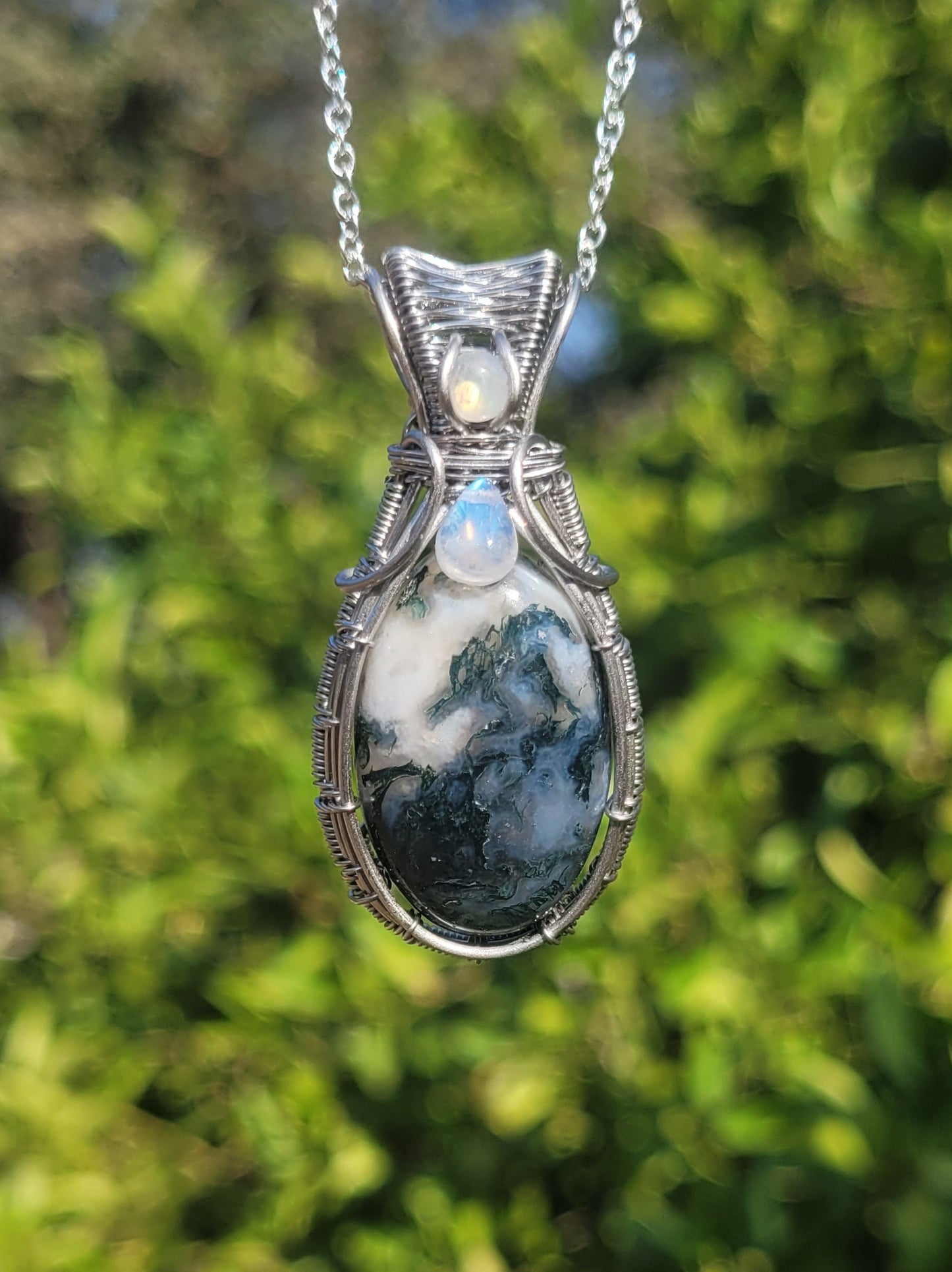Moss Agate + Moonstone Accents Wire Wrapped Pendant