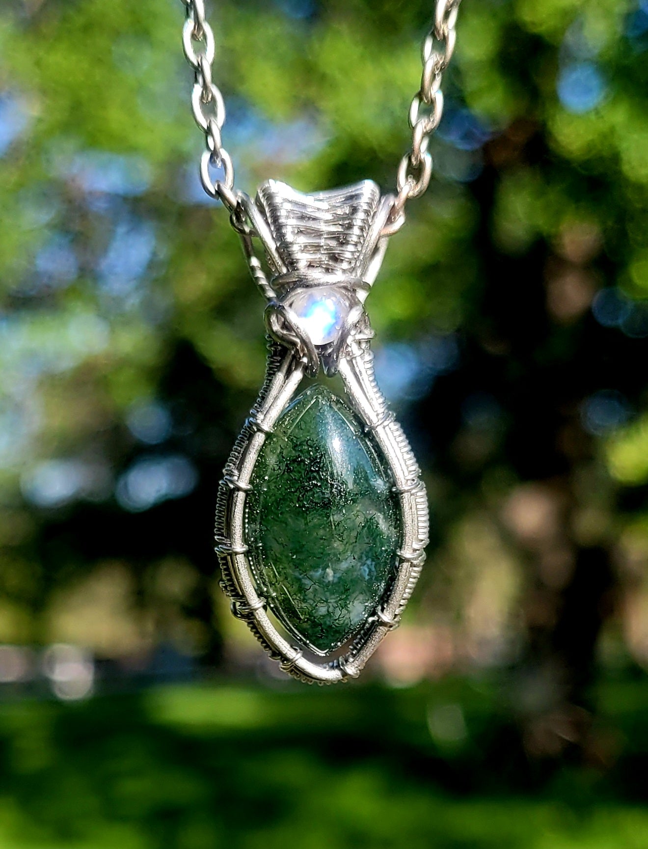 Moss Agate + Moonstone Wire Wrapped Pendants