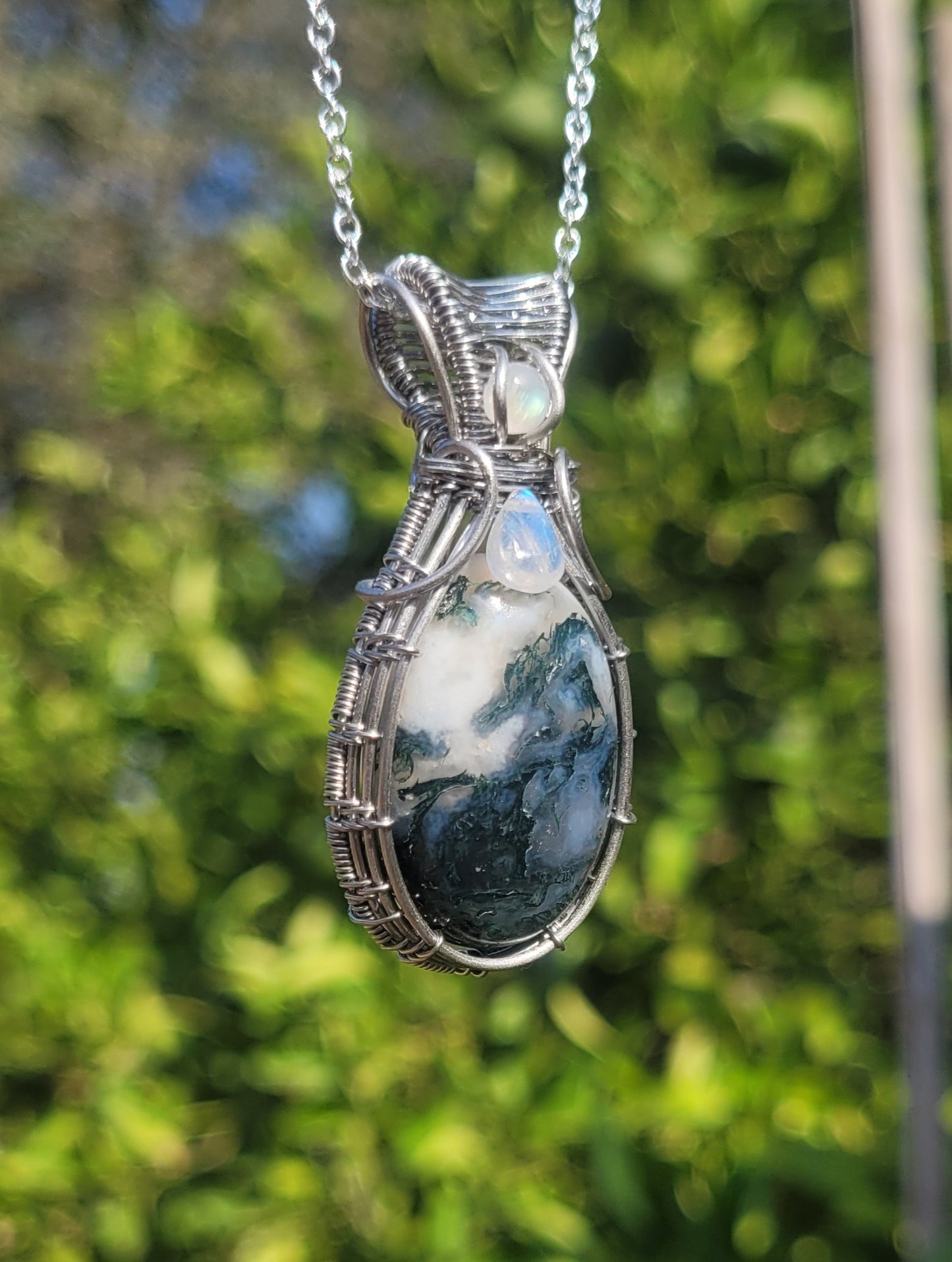 Moss Agate + Moonstone Accents Wire Wrapped Pendant