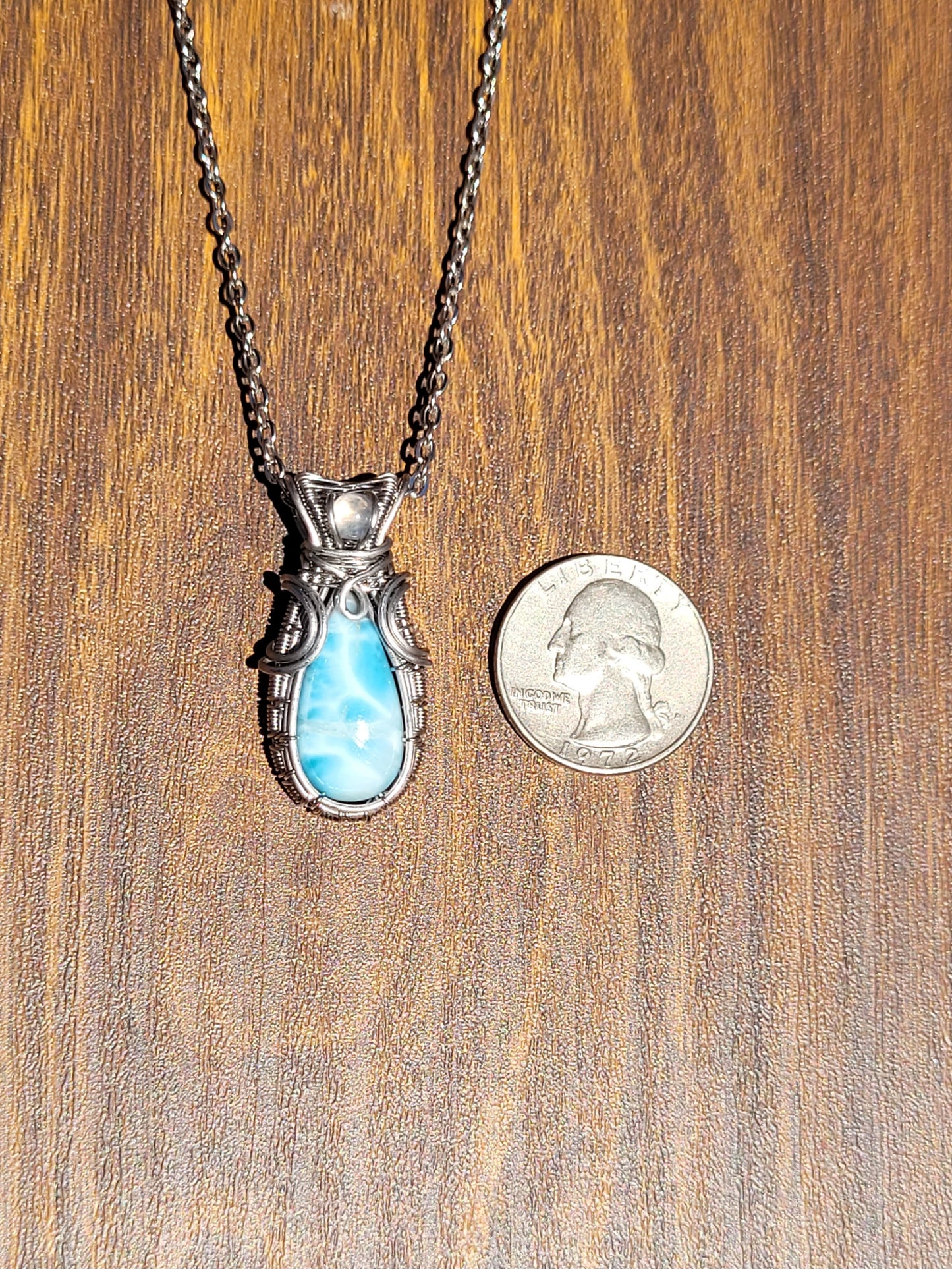 Larimar + Moonstone Wire Wrapped Pendant