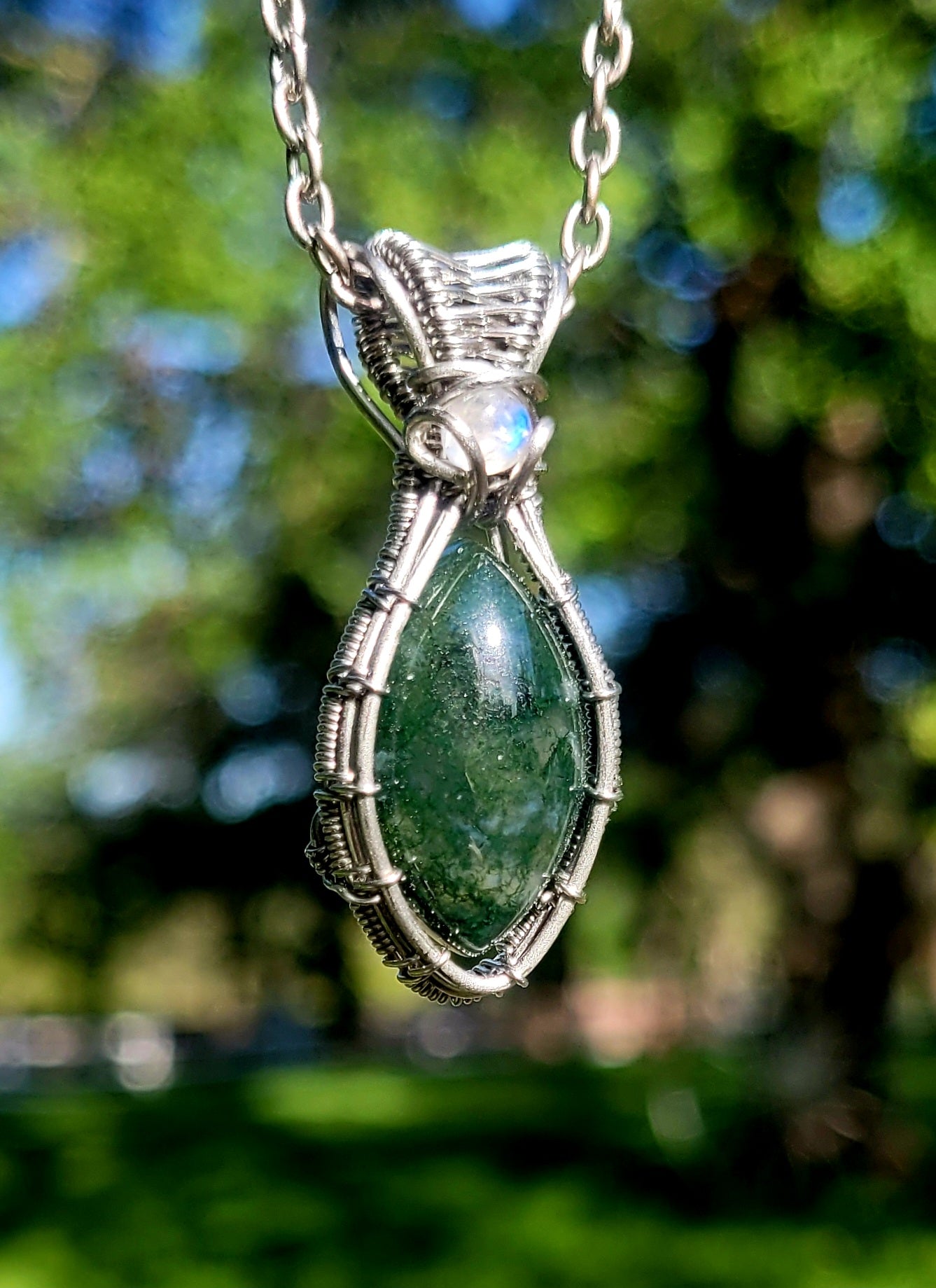 Moss Agate + Moonstone Wire Wrapped Pendants