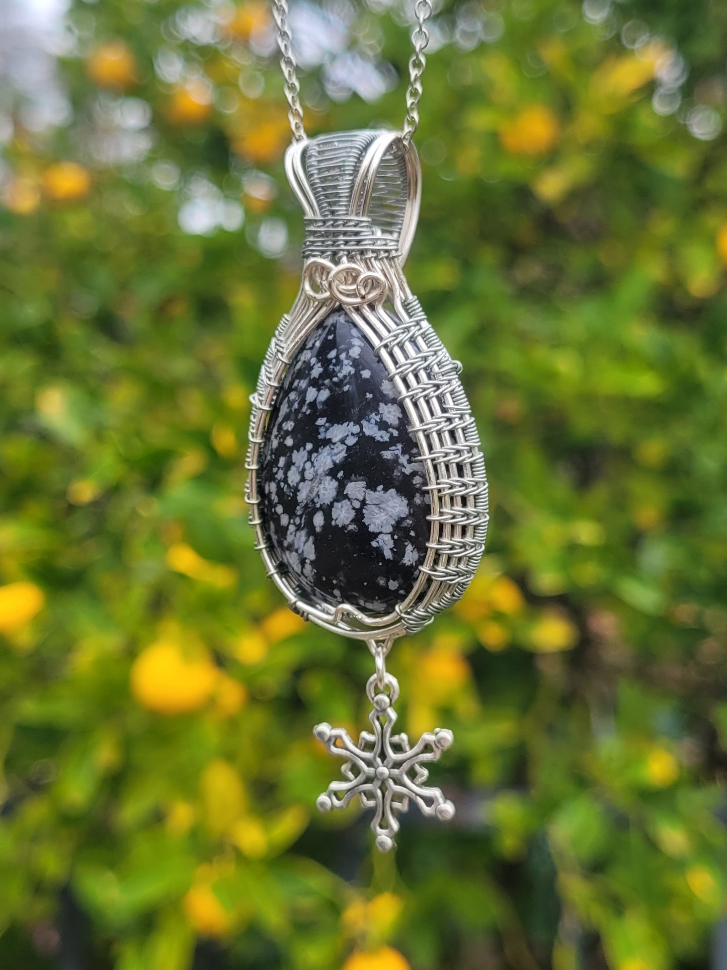 Snowflake Obsidian Wire Wrapped Pendant