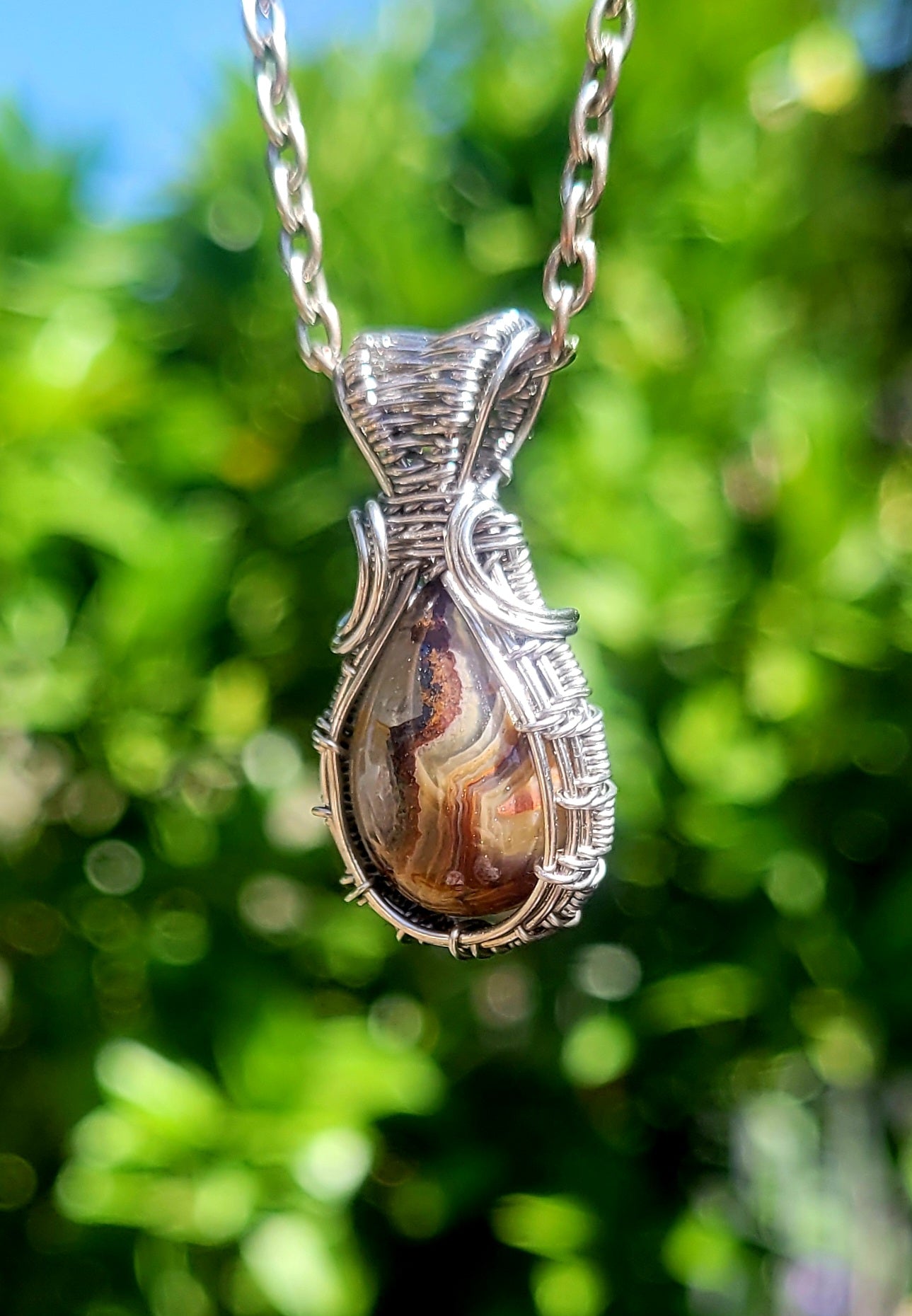 Dainty Crazy Lace Agate Wire Wrapped Pendant