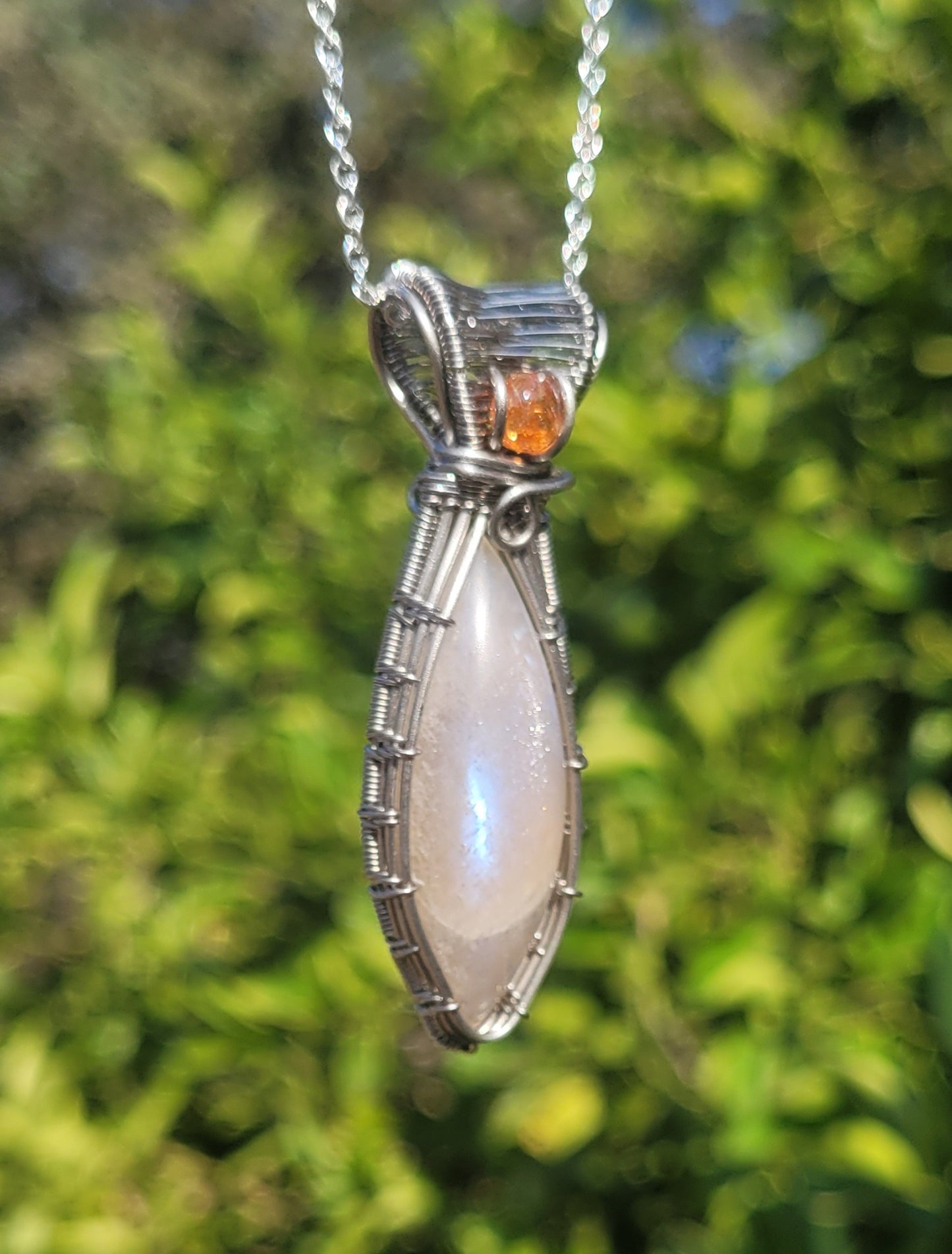 Belomorite Moonstone + Sunstone Accent Wire Wrapped Pendant
