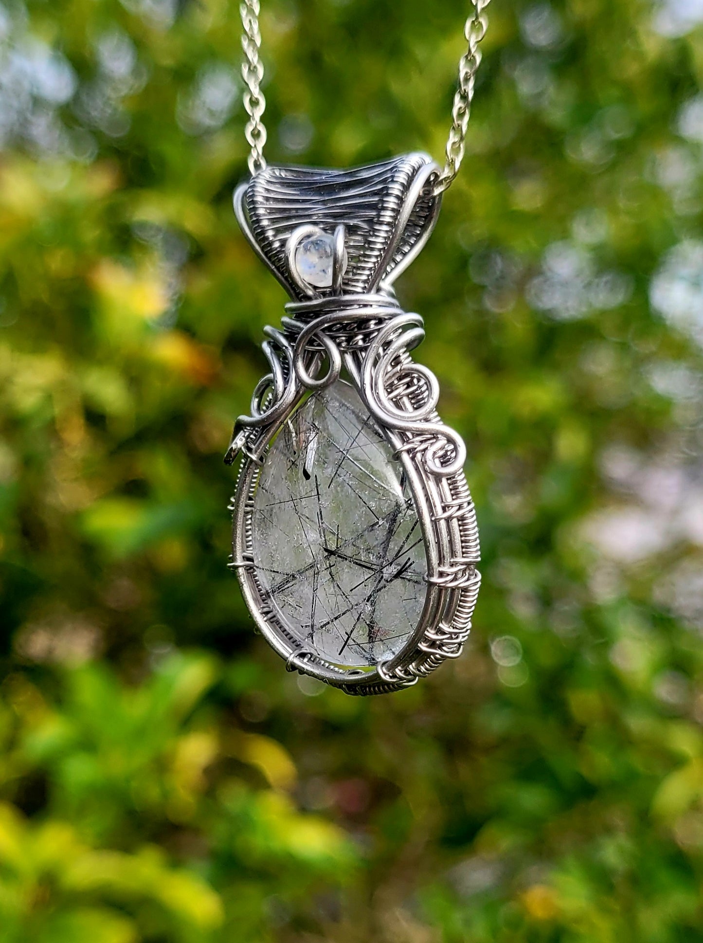 Tourmalinated Quartz + Moonstone Wire Wrapped Pendant