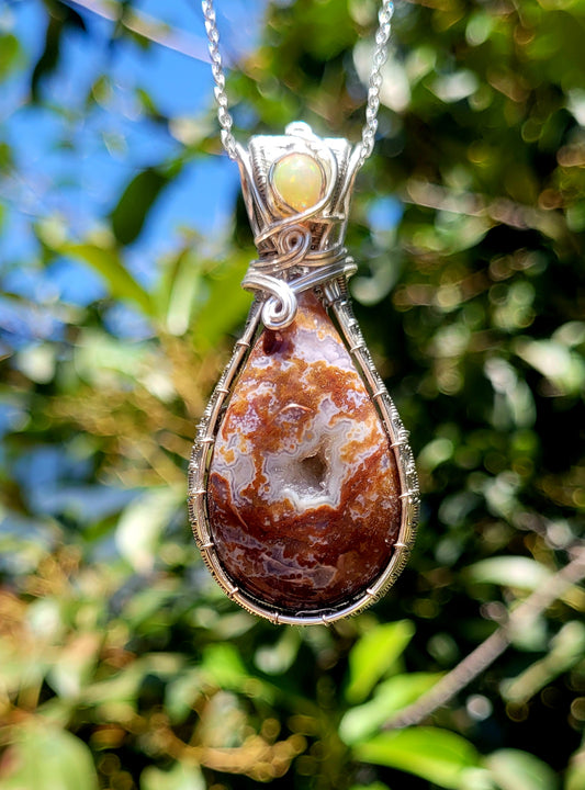 Red Moss Agate + Opal Wire Wrapped Pendant