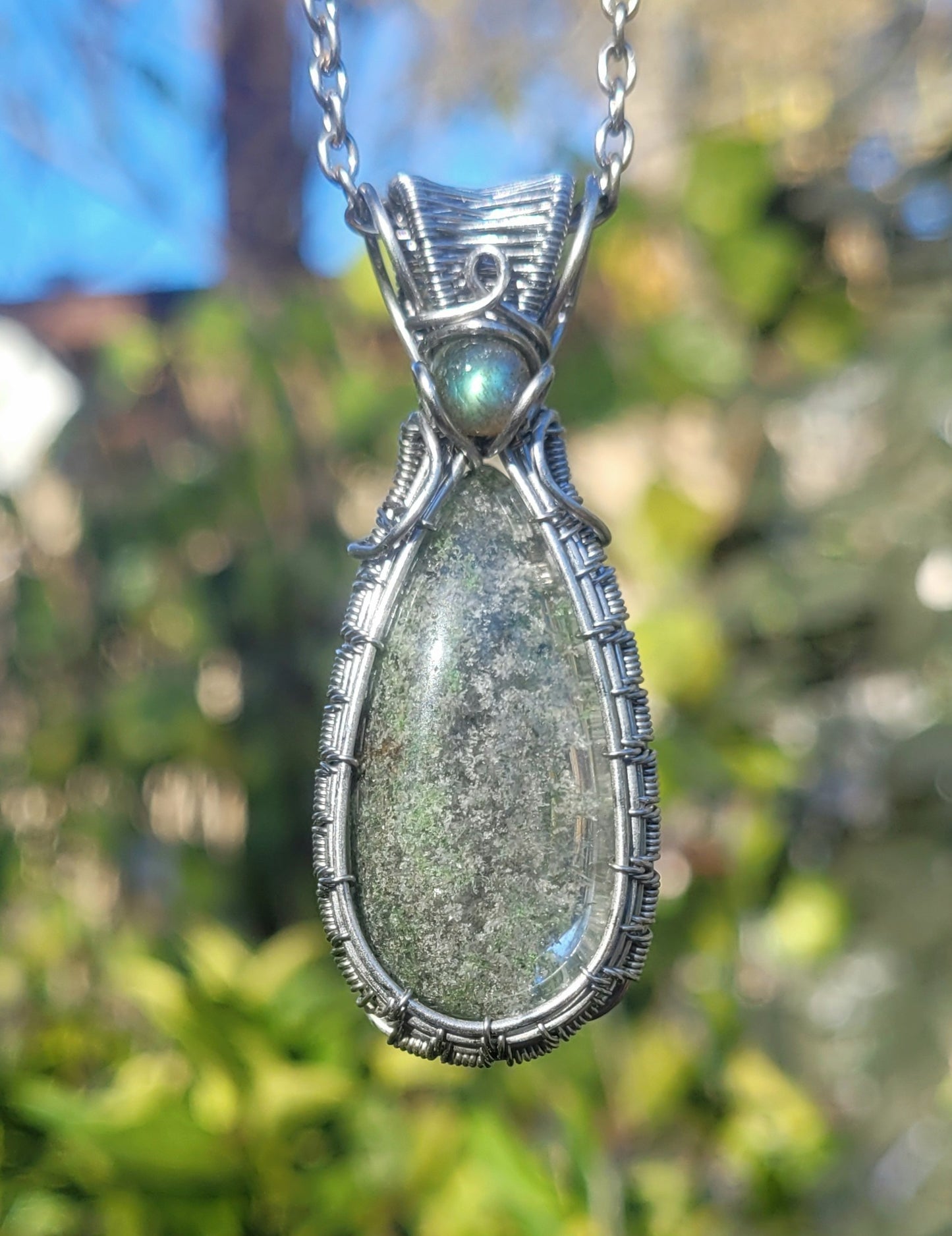 Garden Quartz + Labradorite Wire Wrapped Pendant