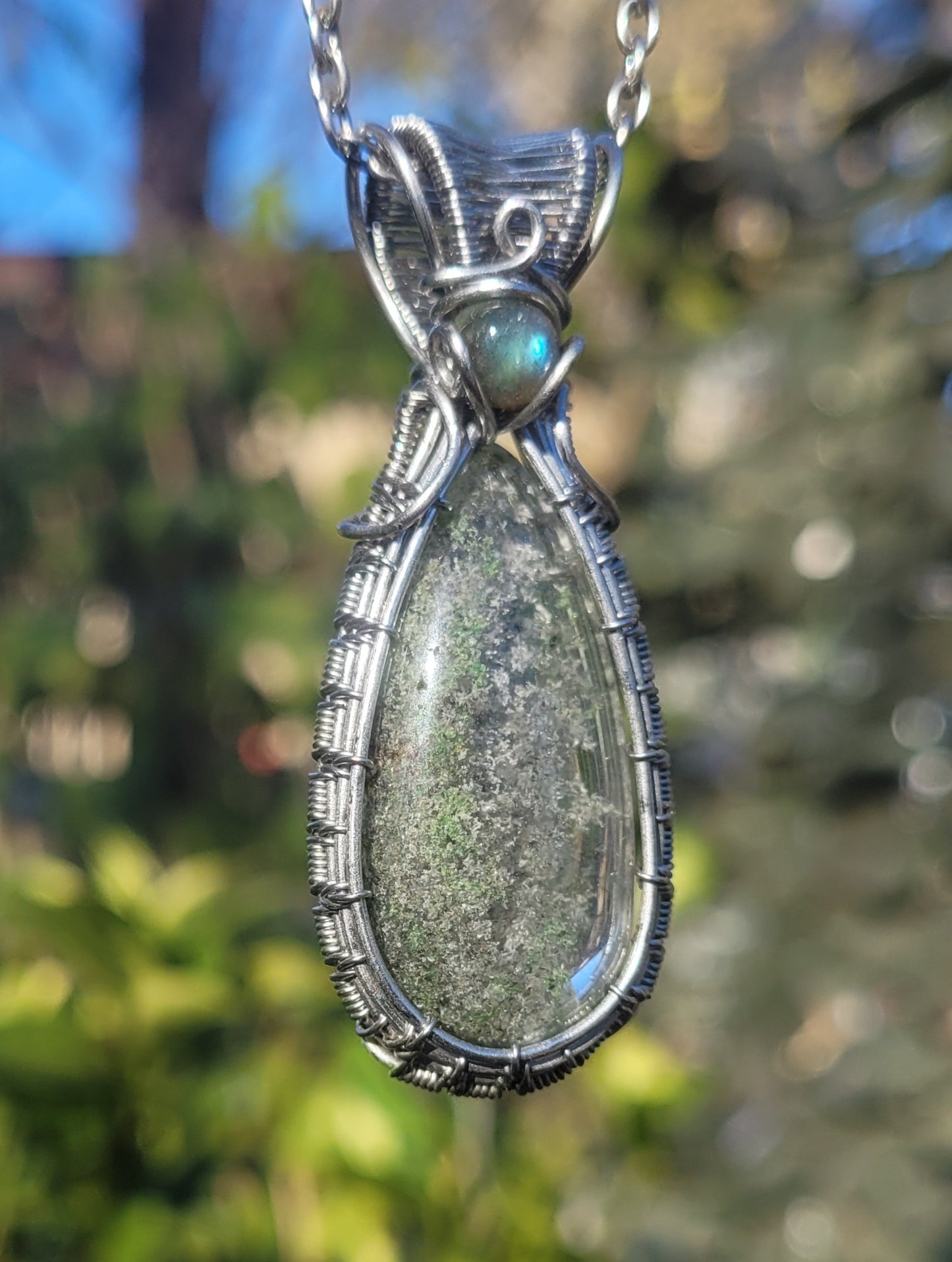 Garden Quartz + Labradorite Wire Wrapped Pendant