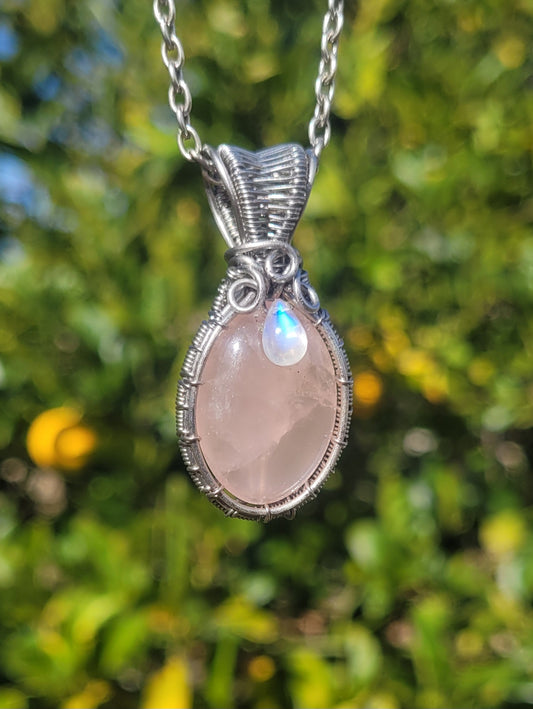 Rose Quartz + Moonstone Wire Wrapped Pendant