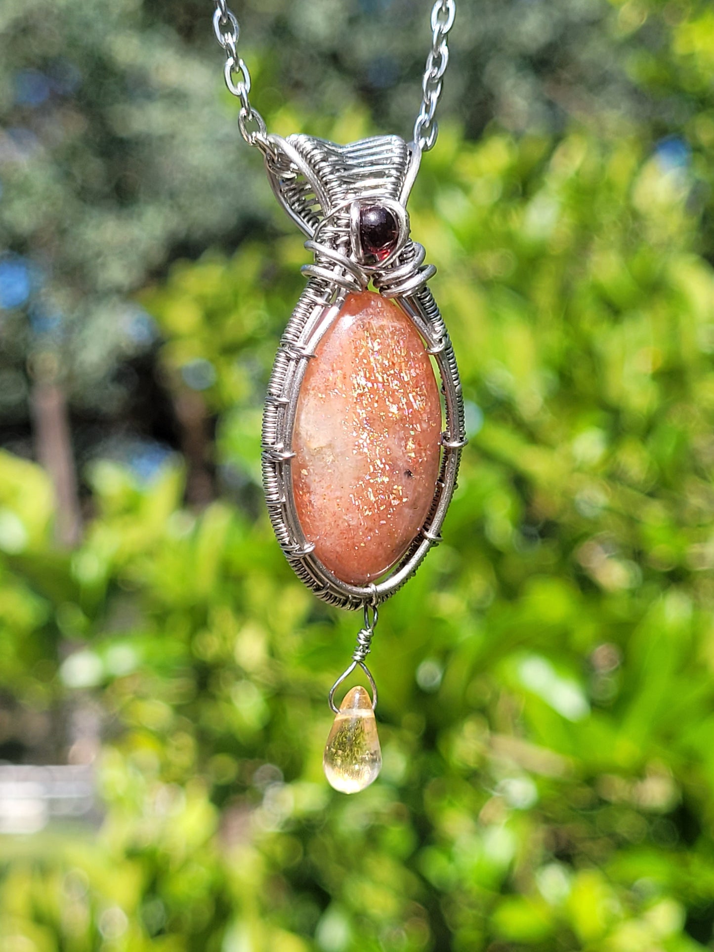 Garnet, Sunstone, Citrine Wire Wrapped Pendant