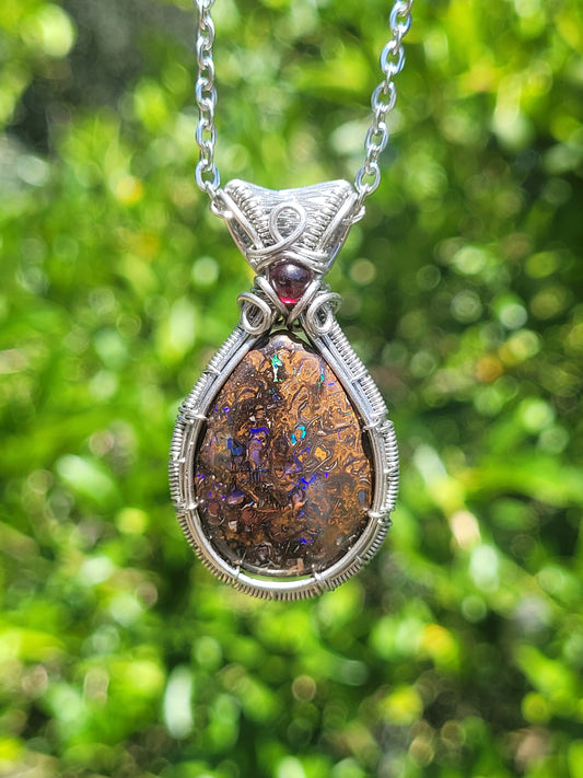 Koroit Opal + Garnet Wire Pendant