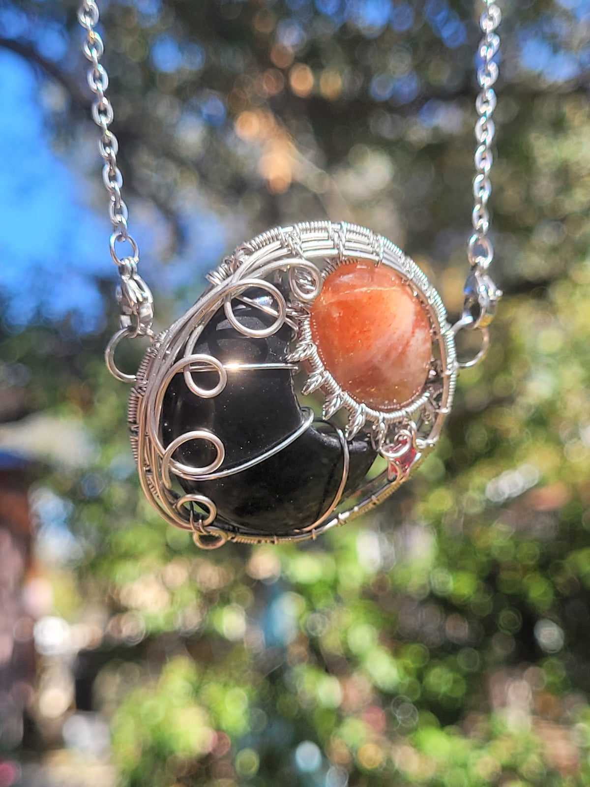 Onyx, Sunstone, Garnet - Sun Moon Star Wire Wrapped Pendant