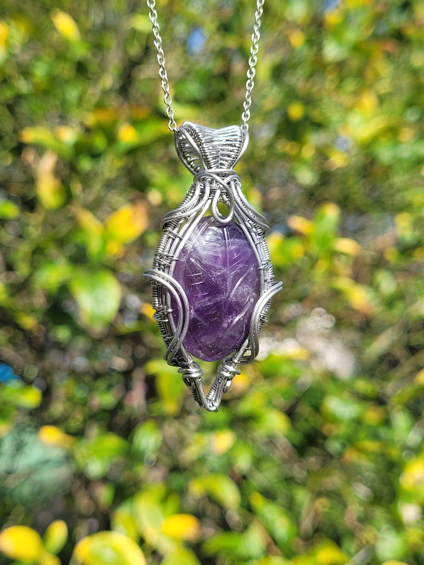 Carved Amethyst Wire Wrapped Pendant