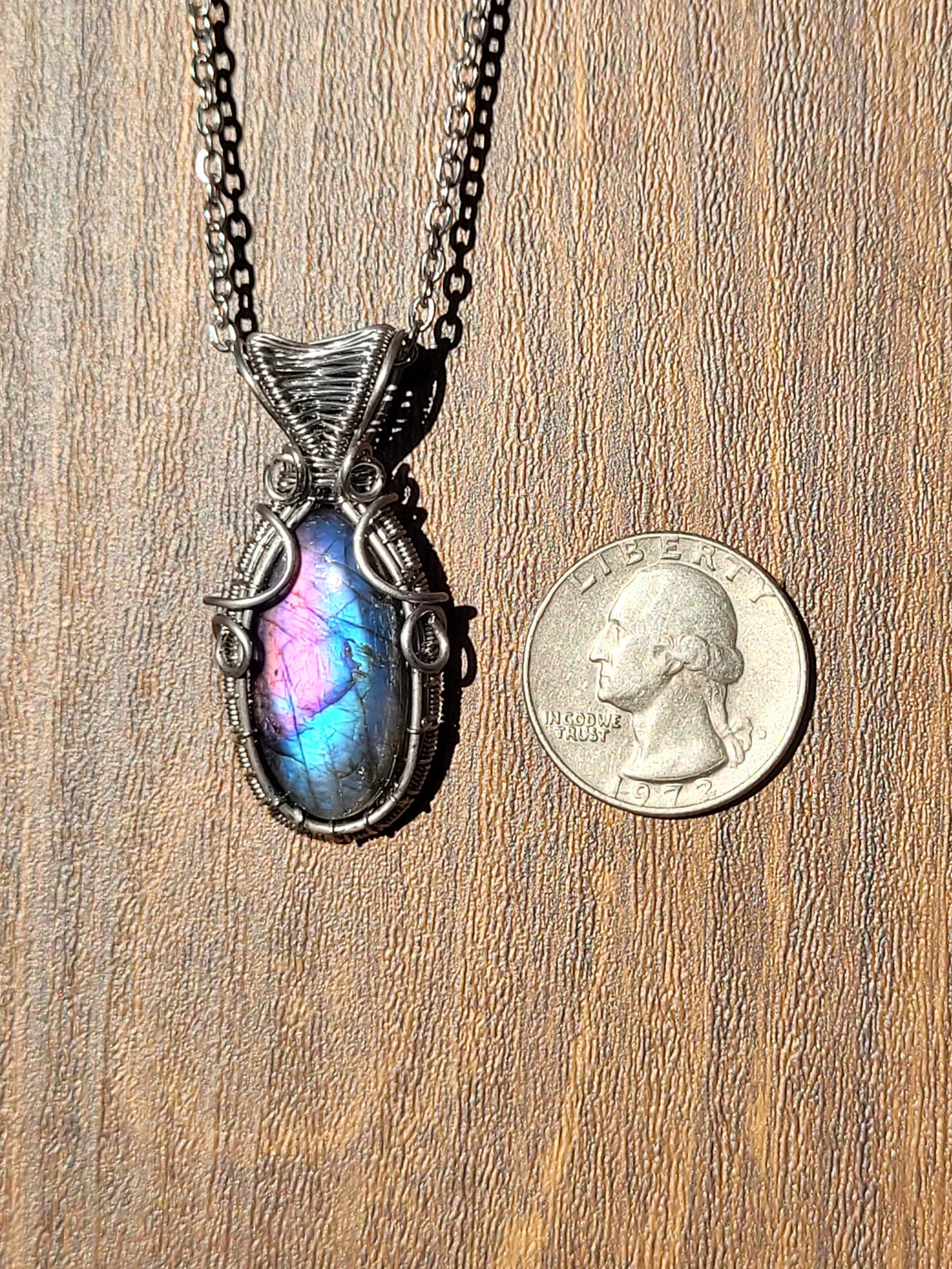 Pink and Blue Labradorite Wire Wrapped Pendant