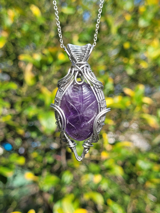 Carved Amethyst Wire Wrapped Pendant