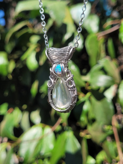 Malawi Moonstone + Opal Wire Wrapped Pendant