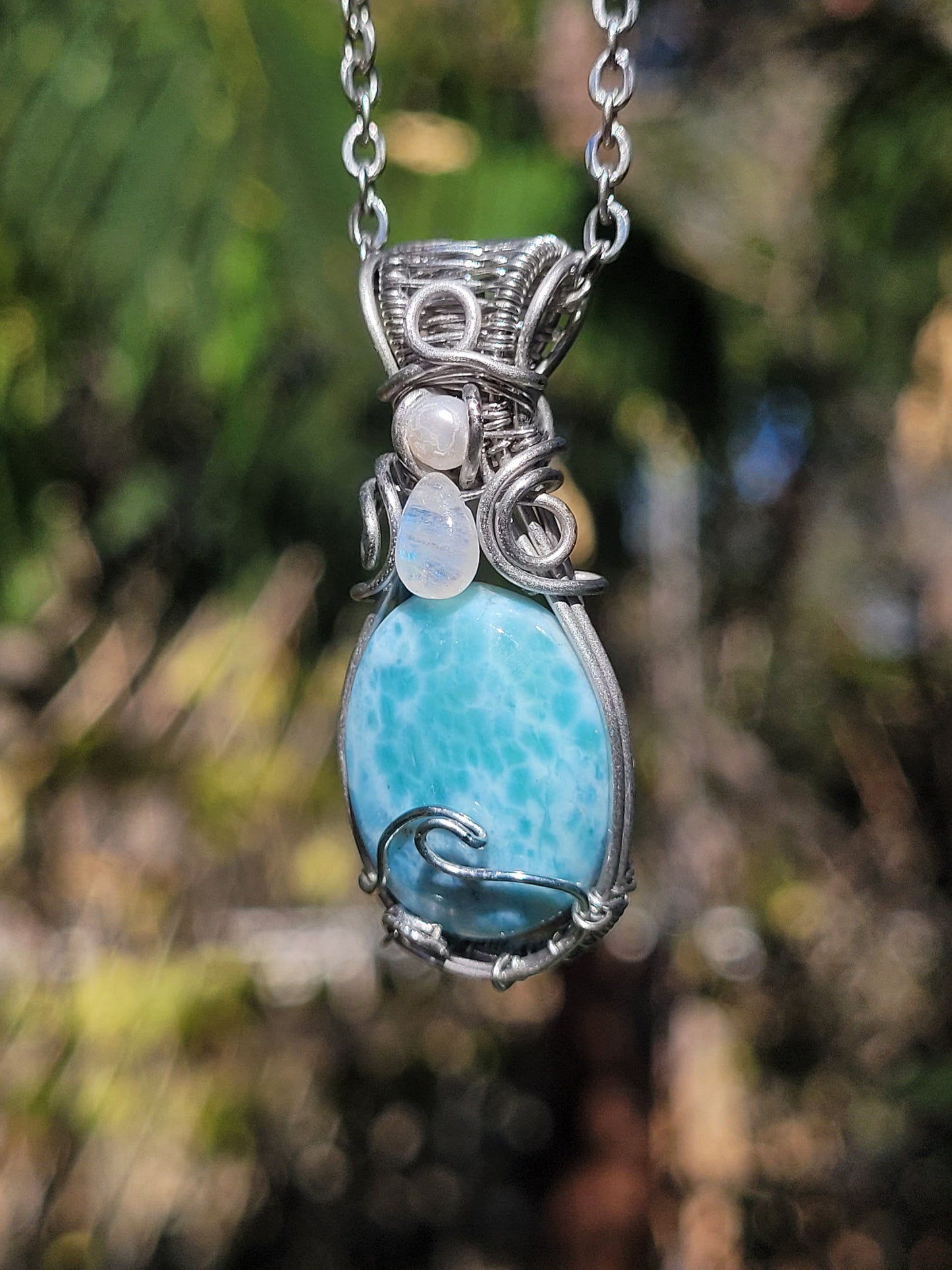 Larimar, Moonstone, Pearl Wire Wrapped Pendant