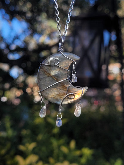 Labradorite Moon Wire Wrapped Pendant