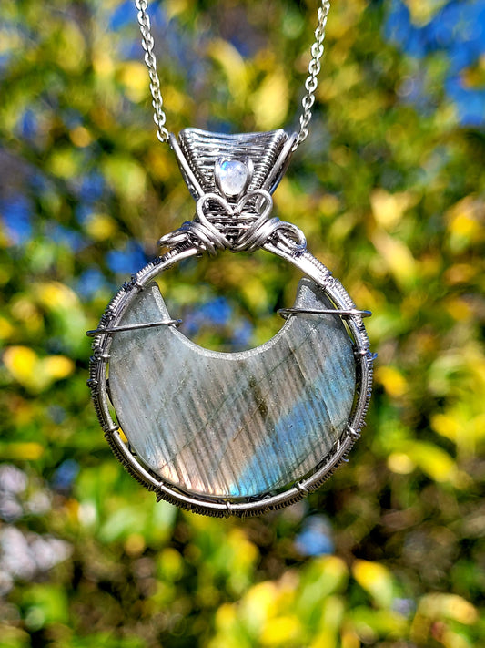 Labradorite + Moonstone Wire Wrapped Pendant