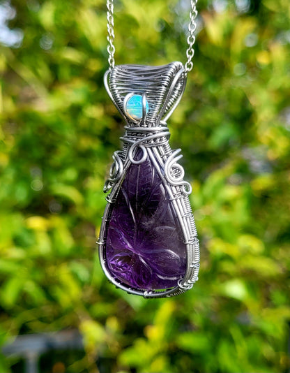 Carved Amethyst + Opal Wire Wrapped Pendant