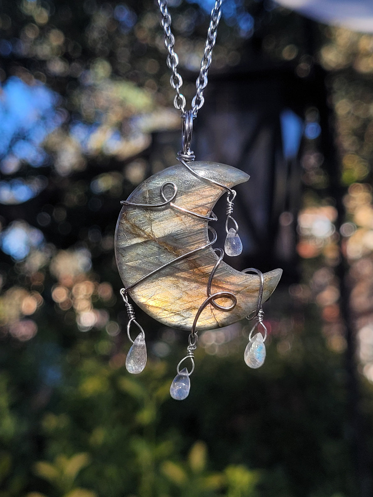 Labradorite Moon Wire Wrapped Pendant