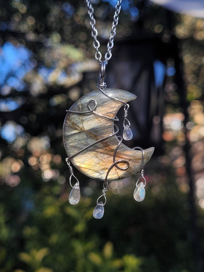 Labradorite Moon Wire Wrapped Pendant