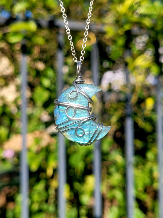 Labradorite Moon Wire Wrapped Pendant