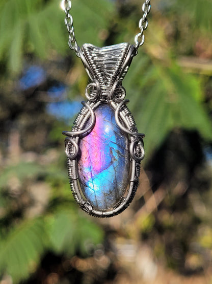 Pink and Blue Labradorite Wire Wrapped Pendant