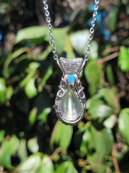 Malawi Moonstone + Opal Wire Wrapped Pendant