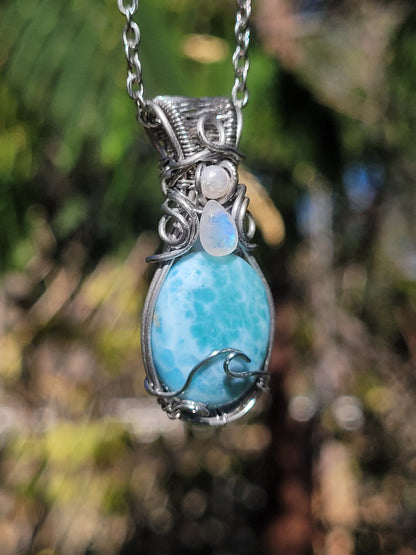 Larimar, Moonstone, Pearl Wire Wrapped Pendant