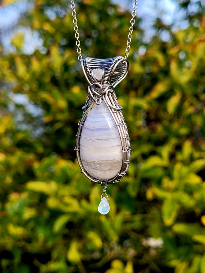 Blue Lace Agate + Moonstone Wire Wrapped Pendant