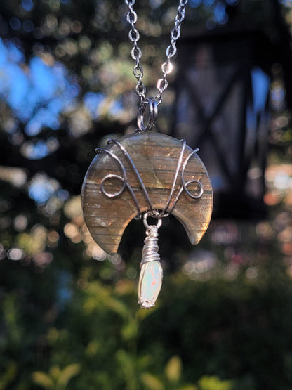 Labradorite Moon + Opal Wire Wrapped Pendant