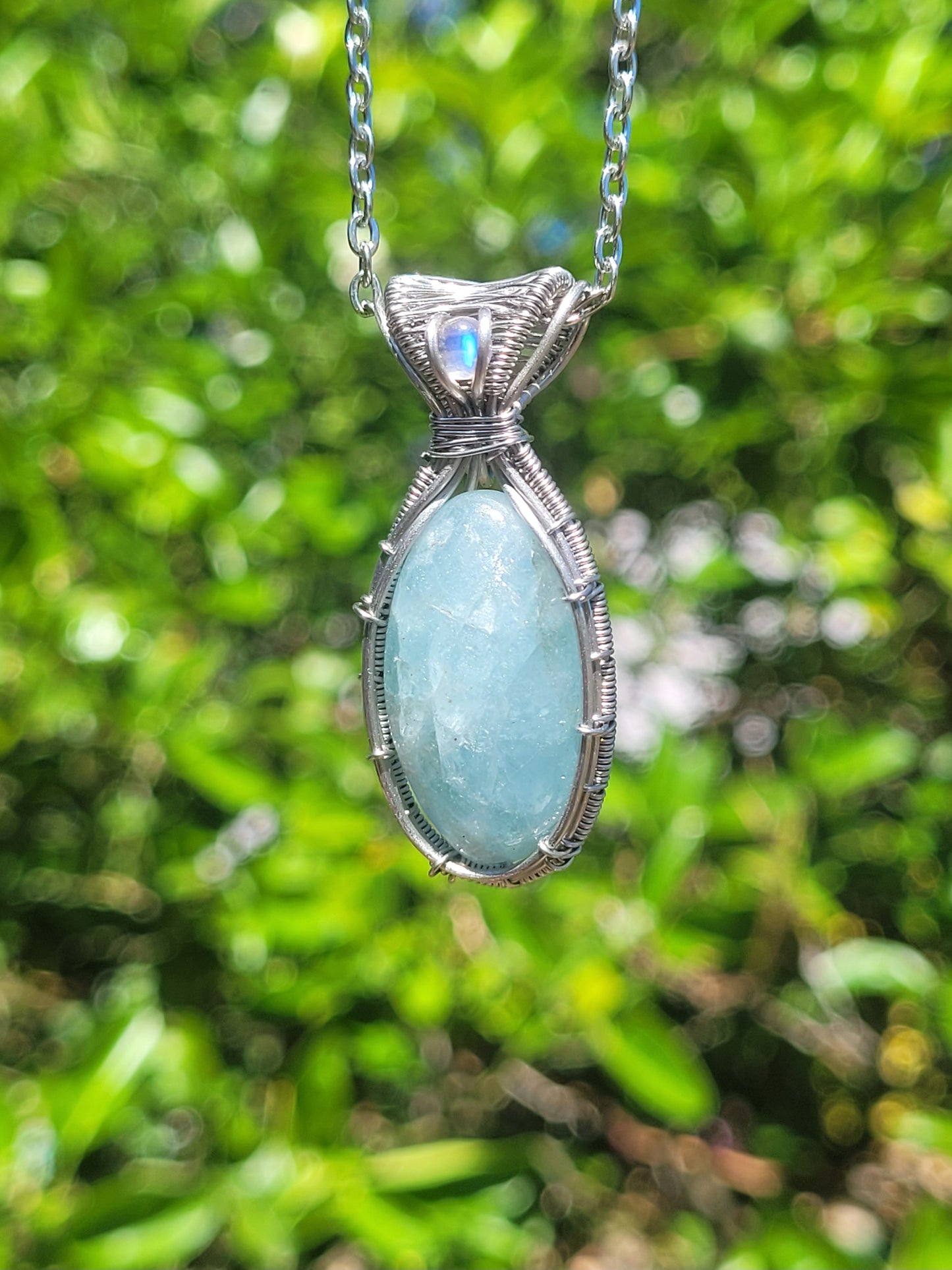 Aquamarine + Moonstone Wire Wrapped Pendant