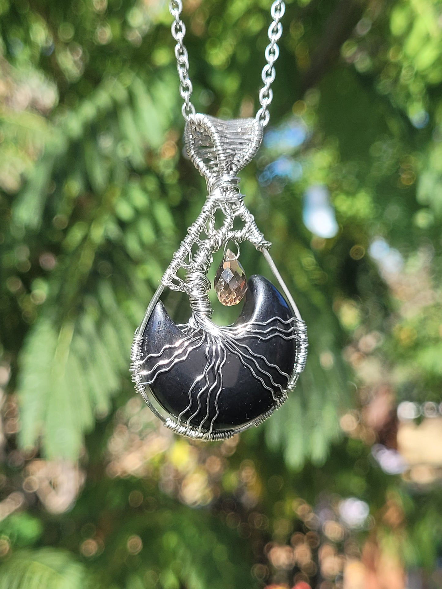 Black Onyx + Smoky Quartz Tree Pendant