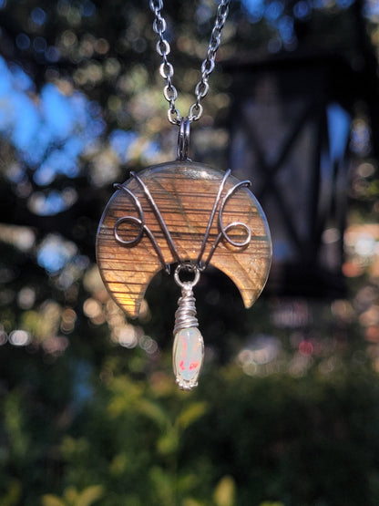 Labradorite Moon + Opal Wire Wrapped Pendant