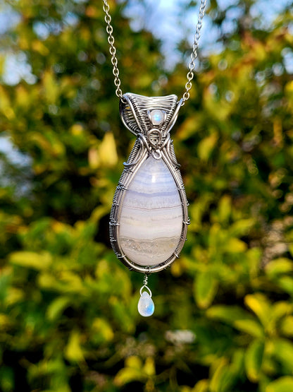 Blue Lace Agate + Moonstone Wire Wrapped Pendant