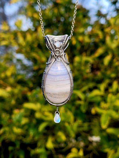 Blue Lace Agate + Moonstone Wire Wrapped Pendant