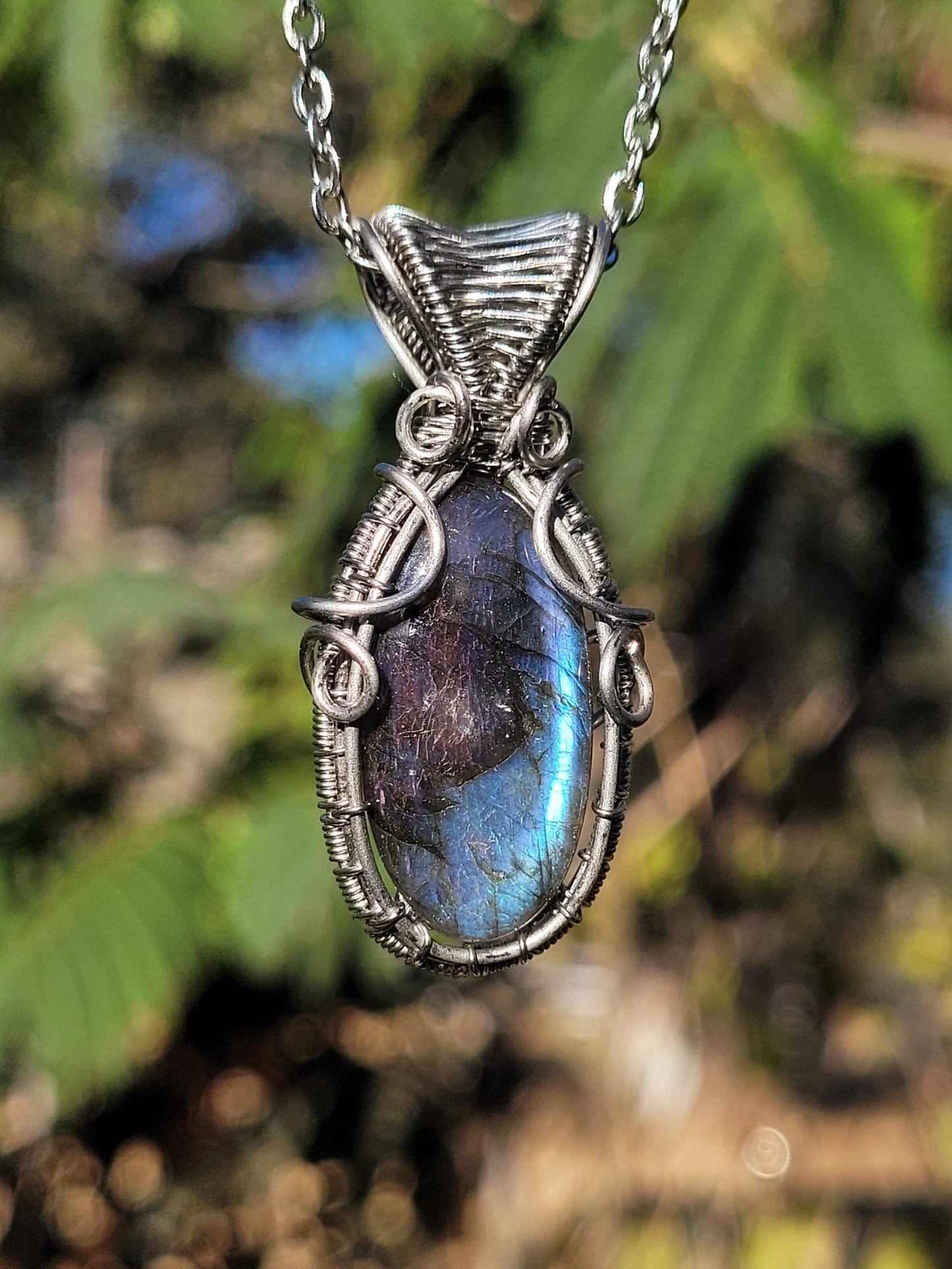 Pink and Blue Labradorite Wire Wrapped Pendant